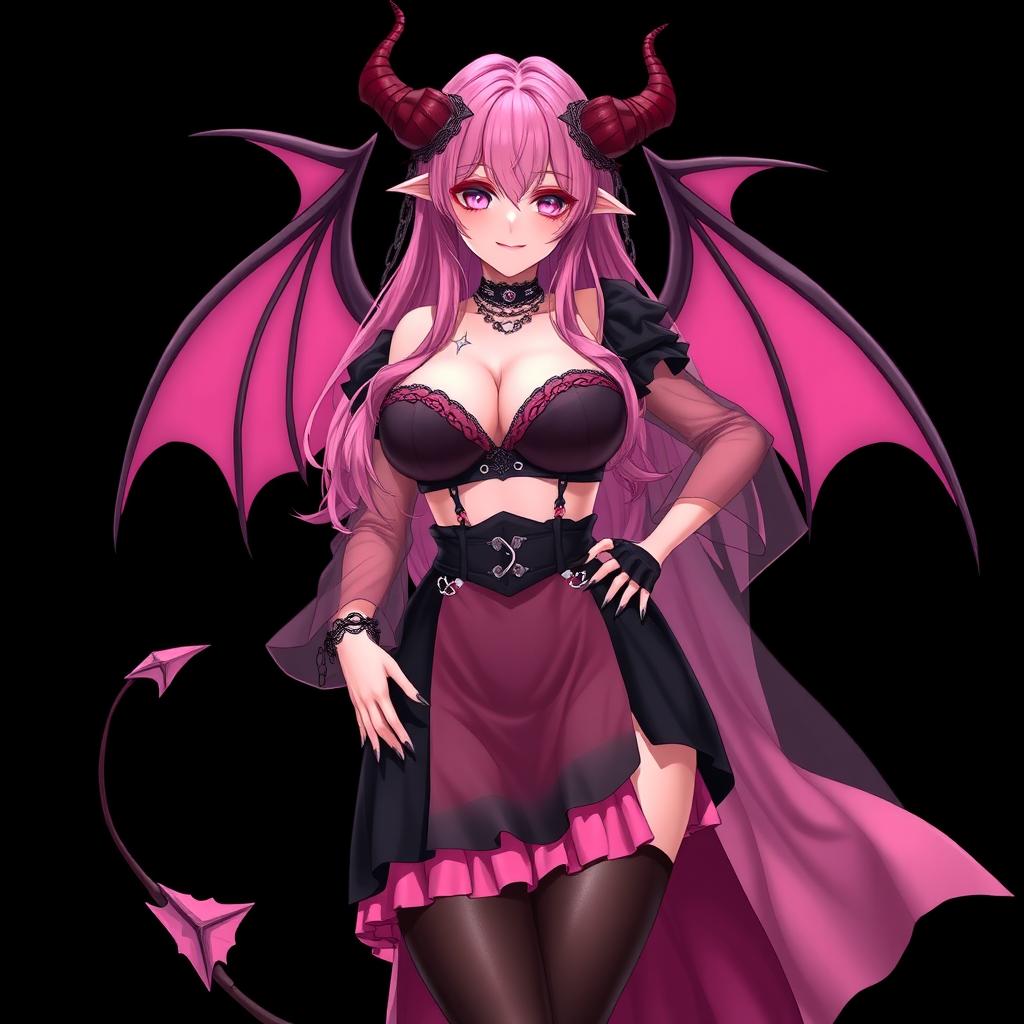 A realistic, sexy, dominant gothic anime succubus girl radiating confidence, featuring striking wings, elegant horns, and a flowing tail