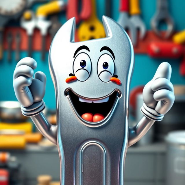 An anthropomorphic wrench character with a friendly and expressive mouth, raising its hands in a cheerful manner