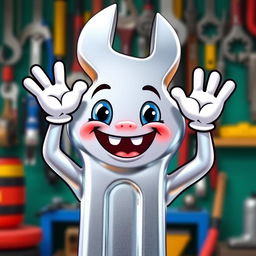 An anthropomorphic wrench character with a friendly and expressive mouth, raising its hands in a cheerful manner