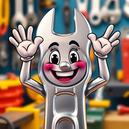 An anthropomorphic wrench character with a friendly and expressive mouth, raising its hands in a cheerful manner