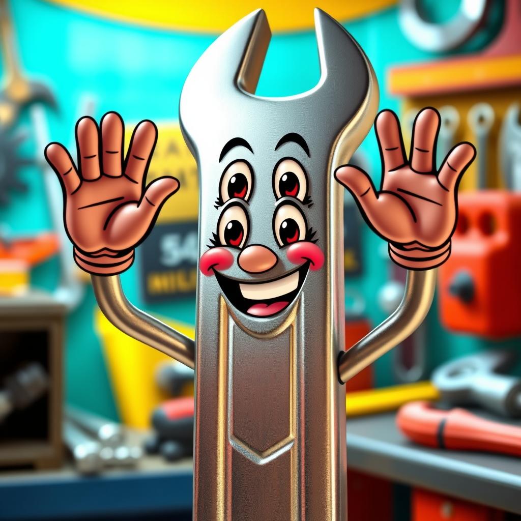 An anthropomorphic wrench character with a friendly and expressive mouth, raising its hands in a cheerful manner