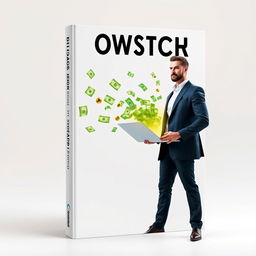 A minimalist and futuristic book cover design featuring a man standing confidently while holding a sleek modern computer