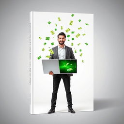 A minimalist and futuristic book cover design featuring a man standing confidently while holding a sleek modern computer