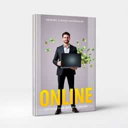 A minimalist and futuristic book cover design featuring a man standing confidently while holding a sleek modern computer