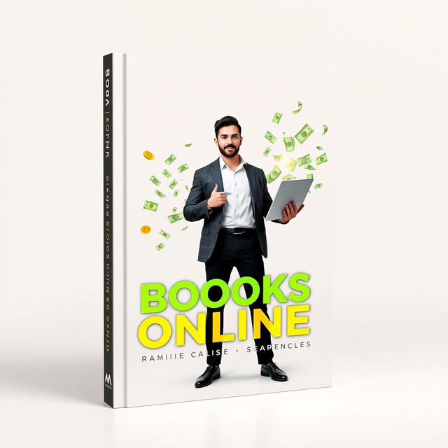 A minimalist and futuristic book cover design featuring a man standing confidently while holding a sleek modern computer
