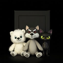 Three dolls: a fluffy white bear, a wolf with sharp features, and a sleek black cat