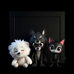 Three dolls: a fluffy white bear, a wolf with sharp features, and a sleek black cat