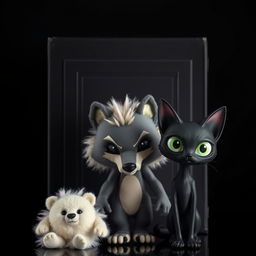 Three dolls: a fluffy white bear, a wolf with sharp features, and a sleek black cat