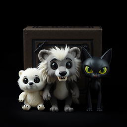 Three dolls: a fluffy white bear, a wolf with sharp features, and a sleek black cat