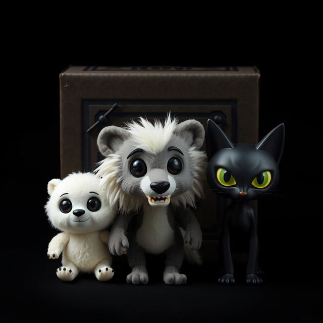Three dolls: a fluffy white bear, a wolf with sharp features, and a sleek black cat