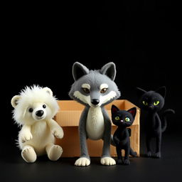 Three dolls: a fluffy white bear, a wolf with a sleek appearance, and a black cat