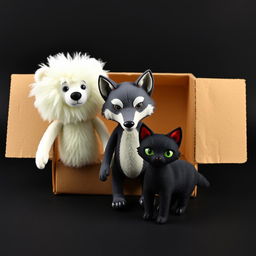 Three dolls: a fluffy white bear, a wolf with a sleek appearance, and a black cat