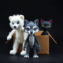 Three dolls: a fluffy white bear, a wolf with a sleek appearance, and a black cat