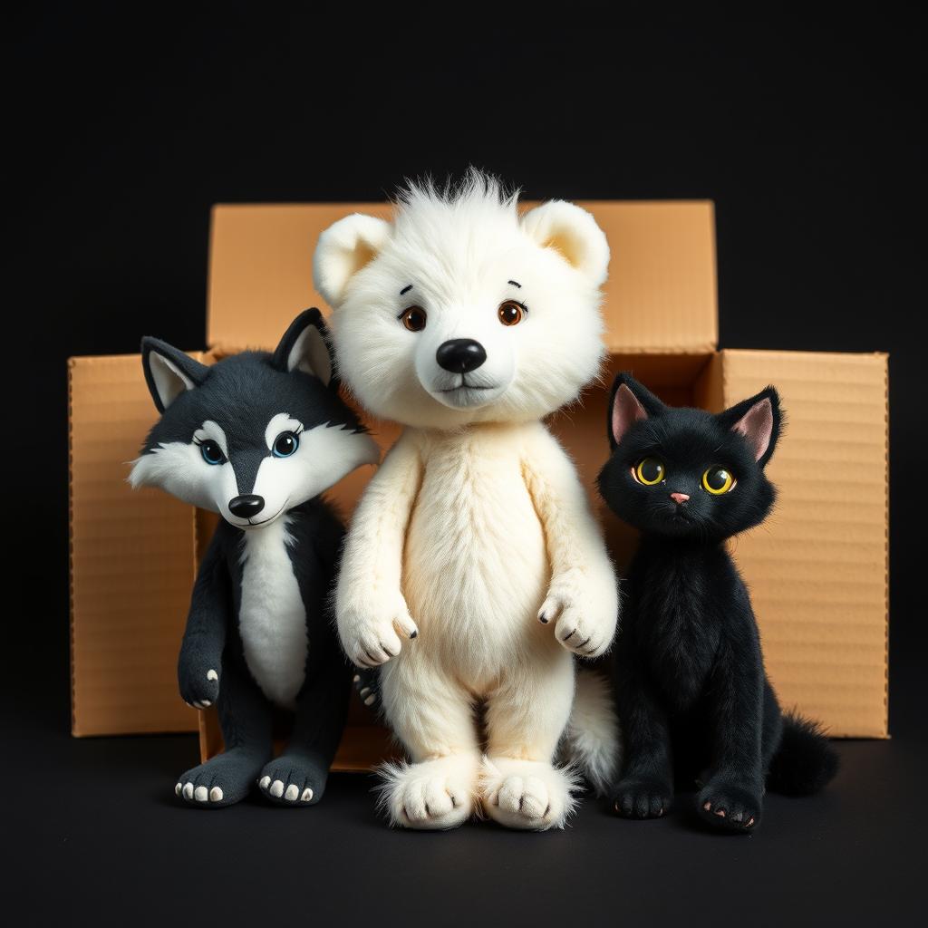 Three dolls: a fluffy white bear, a wolf with a sleek appearance, and a black cat