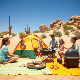 A family enjoying a fun day at a desert campsite, with a bright and cheerful atmosphere