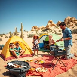 A family enjoying a fun day at a desert campsite, with a bright and cheerful atmosphere