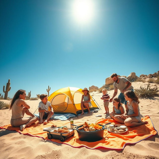 A family enjoying a fun day at a desert campsite, with a bright and cheerful atmosphere