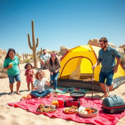 A family enjoying a fun day at a desert campsite, with a bright and cheerful atmosphere