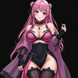 A realistic, sexy gothic anime girl exuding charm with a flustered expression and a light blush on her cheeks