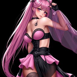 A realistic, sexy gothic anime girl exuding charm with a flustered expression and a light blush on her cheeks