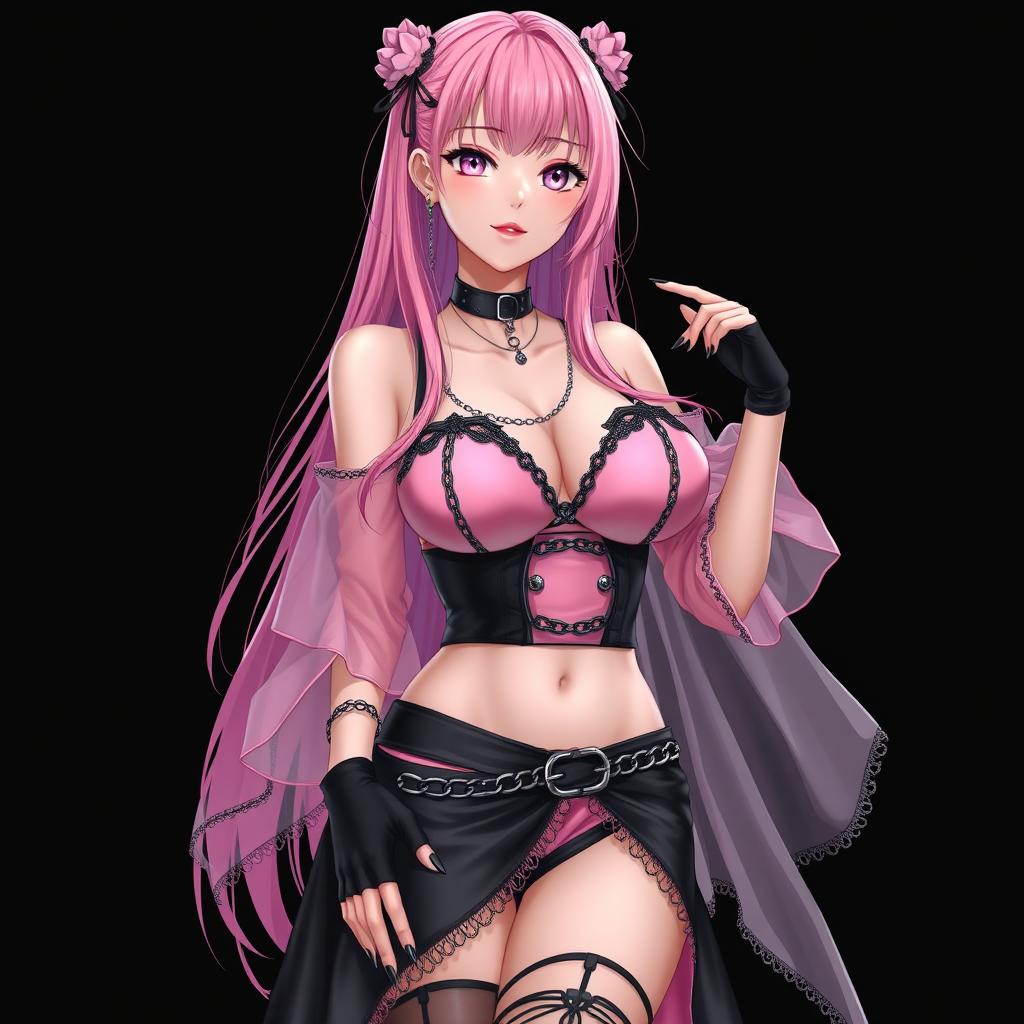 A realistic, sexy gothic anime girl exuding charm with a flustered expression and a light blush on her cheeks