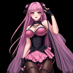 A realistic, sexy gothic anime girl embodying charm and allure with a flustered expression and a light blush on her cheeks