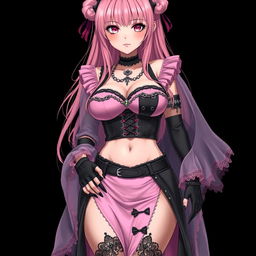 A realistic, sexy gothic anime girl embodying charm and allure with a flustered expression and a light blush on her cheeks