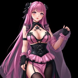 A realistic, sexy gothic anime girl embodying charm and allure with a flustered expression and a light blush on her cheeks