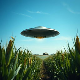 A captivating raw photograph of a UFO hovering in a vast cornfield under a clear blue sky