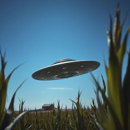 A captivating raw photograph of a UFO hovering in a vast cornfield under a clear blue sky