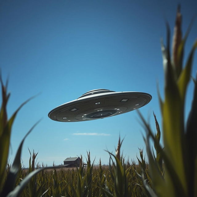 A captivating raw photograph of a UFO hovering in a vast cornfield under a clear blue sky