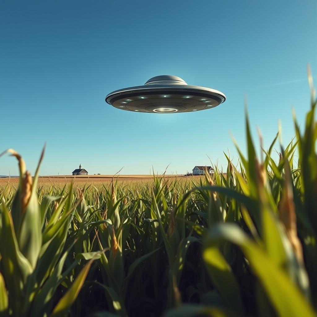 A captivating raw photograph of a UFO hovering in a vast cornfield under a clear blue sky