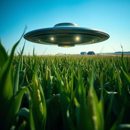 A captivating raw photograph of a UFO hovering in a vast cornfield under a clear blue sky