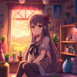 A beautifully rendered anime girl sitting in a cozy room filled with colorful decorative items