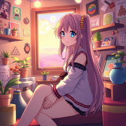 A beautifully rendered anime girl sitting in a cozy room filled with colorful decorative items