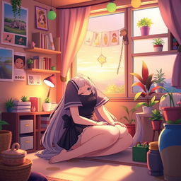 A beautifully rendered anime girl sitting in a cozy room filled with colorful decorative items