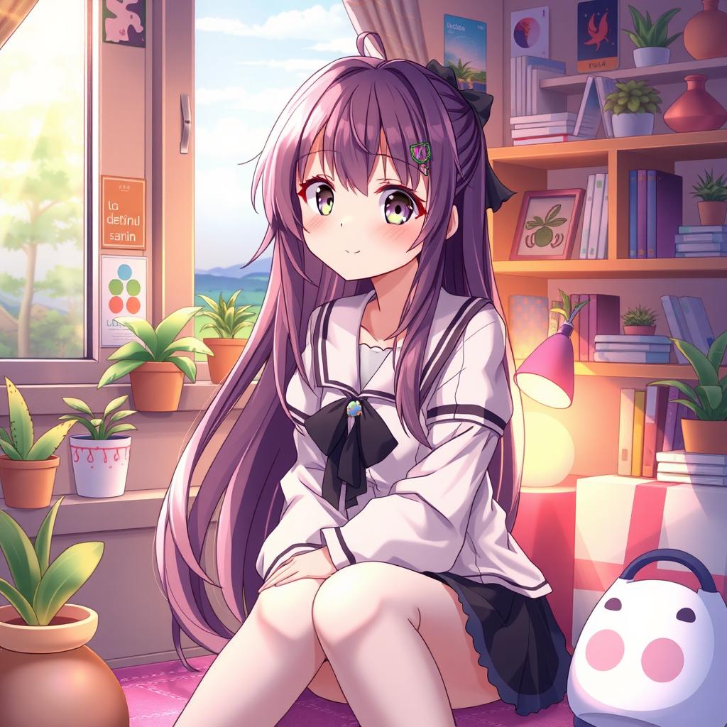 A beautifully rendered anime girl sitting in a cozy room filled with colorful decorative items