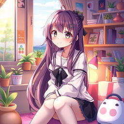 A beautifully rendered anime girl sitting in a cozy room filled with colorful decorative items