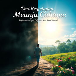 A powerful and uplifting scene representing the journey of a character named Arya from darkness to light, symbolizing the struggle against depression and poverty