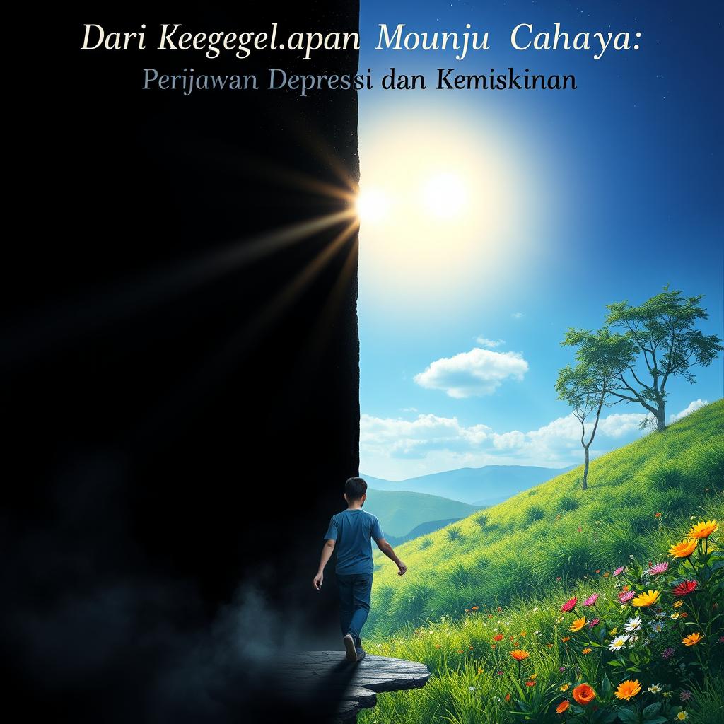 A powerful and uplifting scene representing the journey of a character named Arya from darkness to light, symbolizing the struggle against depression and poverty