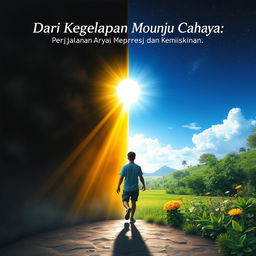 A powerful and uplifting scene representing the journey of a character named Arya from darkness to light, symbolizing the struggle against depression and poverty