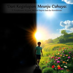 A powerful and uplifting scene representing the journey of a character named Arya from darkness to light, symbolizing the struggle against depression and poverty