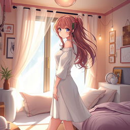 A beautifully rendered anime girl in a softly lit room with an intimate atmosphere