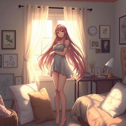 A beautifully rendered anime girl in a softly lit room with an intimate atmosphere