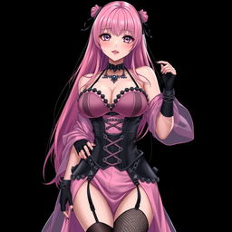 A realistic, sexy gothic anime girl with a flustered expression and a soft blush on her cheeks
