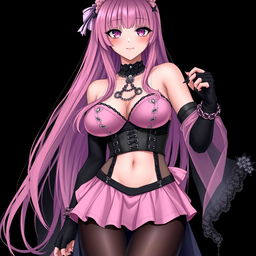 A realistic, sexy gothic anime girl with a flustered expression and a soft blush on her cheeks