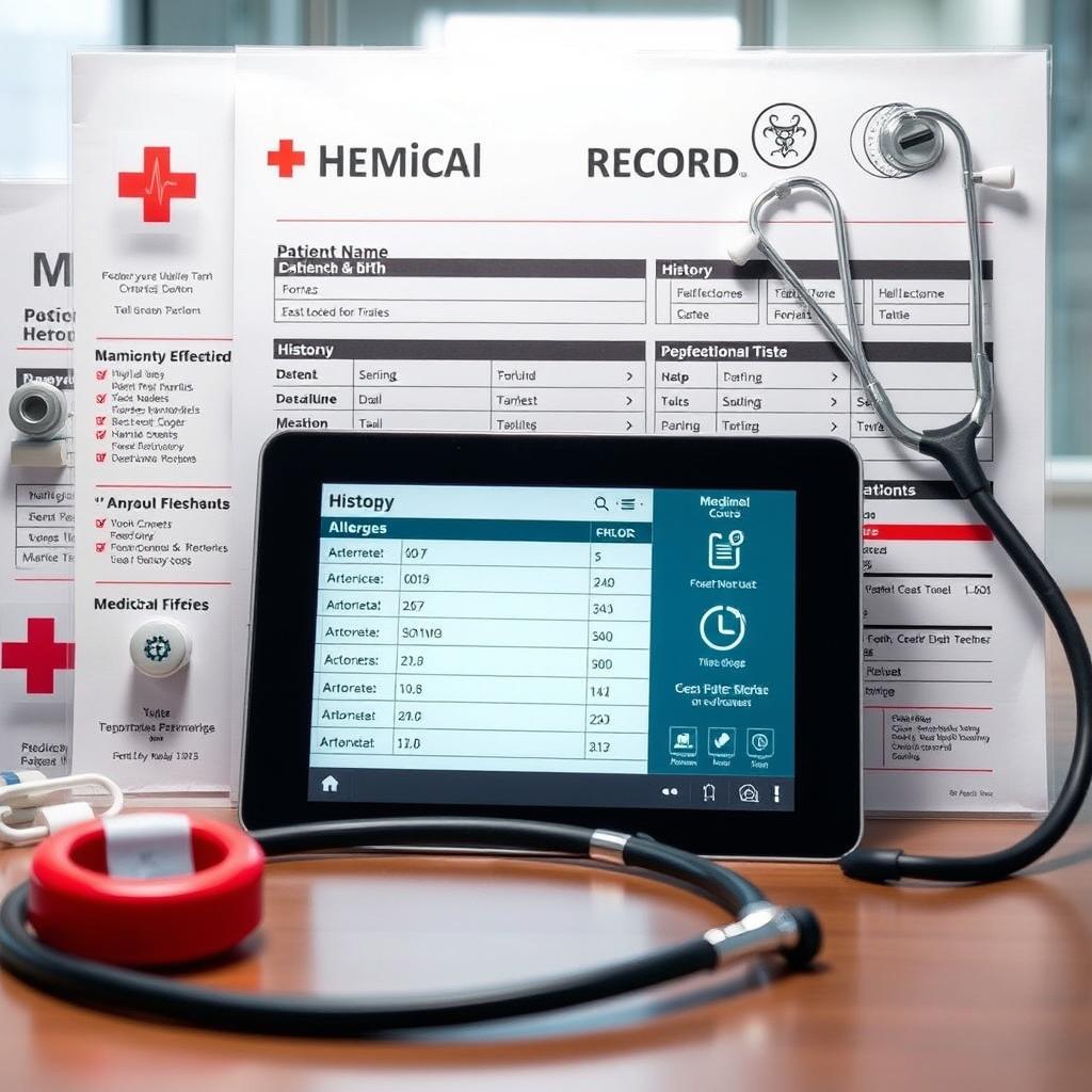 A detailed medical record display showcasing various medical information such as patient name, date of birth, history, medications, and allergies