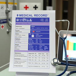 A detailed medical record display showcasing various medical information such as patient name, date of birth, history, medications, and allergies