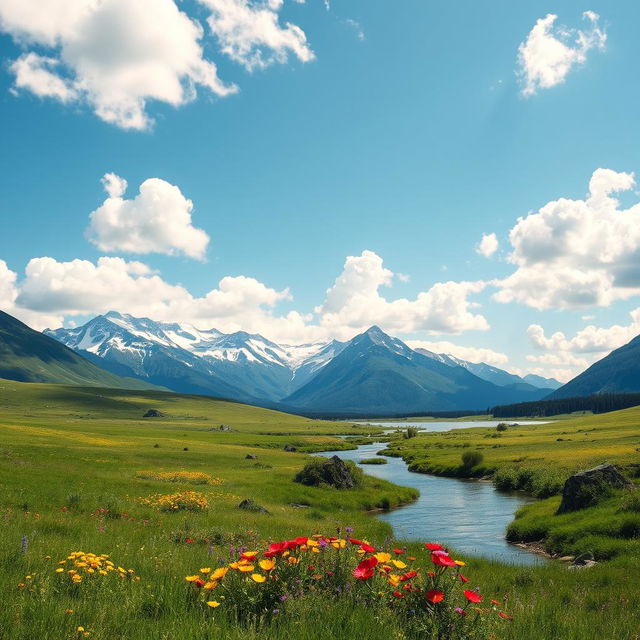 A serene landscape featuring a lush green meadow under a bright blue sky filled with fluffy white clouds