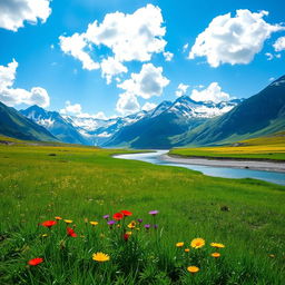A serene landscape featuring a lush green meadow under a bright blue sky filled with fluffy white clouds